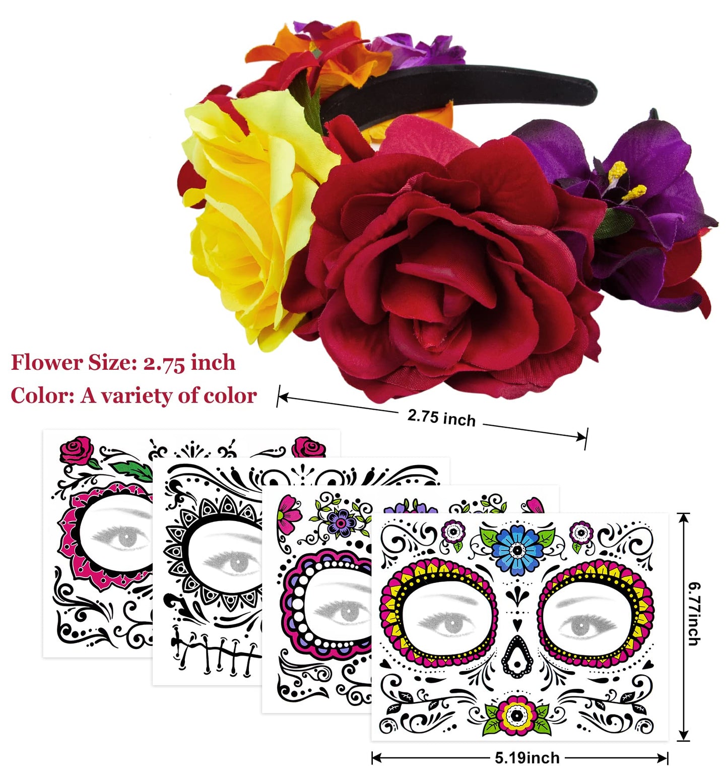 Rose Flower Halloween Headband & Day of the Dead Face Tattoos, Temporary Tattoo Stickers and Mexican Floral Headpiece for Halloween Costumes Party Supplies Cosplay Festival, Day Of the Dead headband