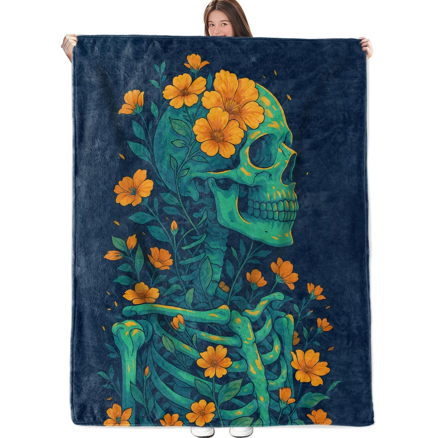 Skeleton Floral Blanket, Flannel Throw Blanket Soft Cozy Lightweight Blankets for Adults Women Kids Home Decor for Sofa Couch Bed 60x50 Inch