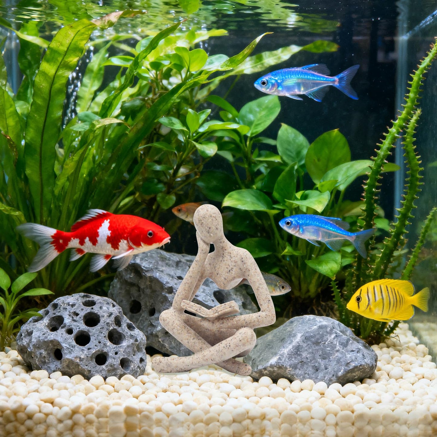 Oooct Sandstone Thinker Statue Aquarium Ornament, Small Fish Tank Decor for Freshwater & Saltwater, Abstract Aesthetic Aquarium Decoration for Tank, Pond & Terrarium - 2.8 x 2.4 x 4.3 Inch