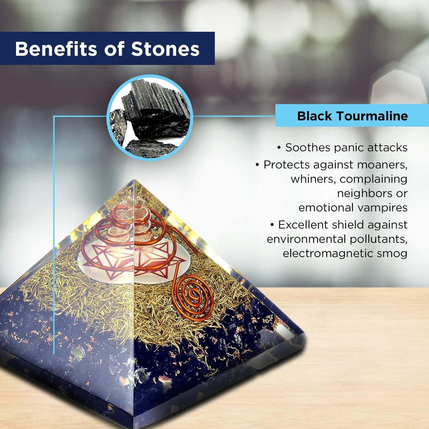 Orgonite Crystal Orgone Pyramid Energy Generator – Earth Star Chakra Symbol Orgonite with Black Tourmaline and Brass Metal – Crystal Pyramid for Meditation, Yoga, and Décor