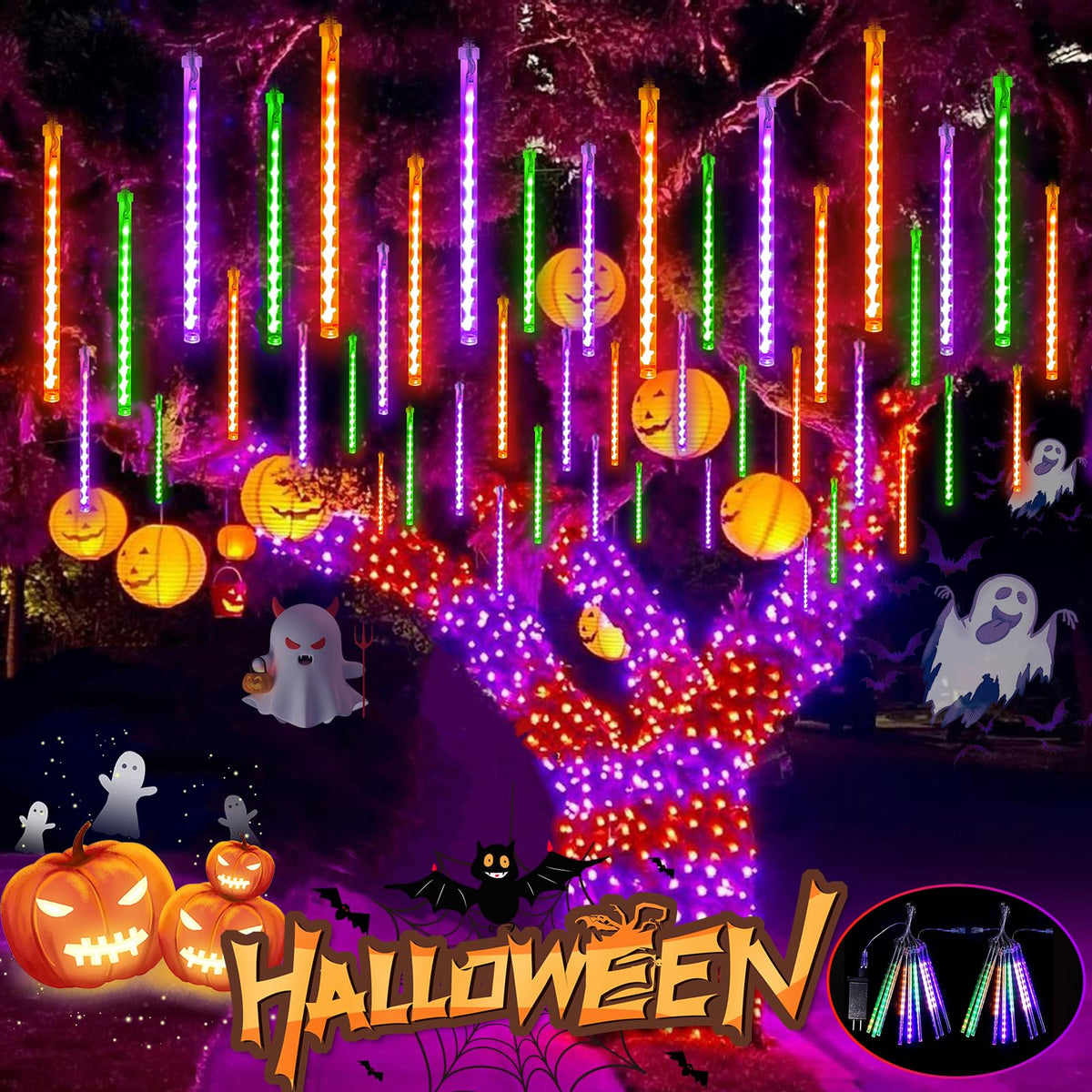 Outdoor Halloween Lights, 2 Pack Extendable Meteor Shower Lights Outdoor Waterproof with Timer, Total 432LED 18 Tubes Cascading String Light Plug in for Garden Halloween Yard (Orange Purple and Green)