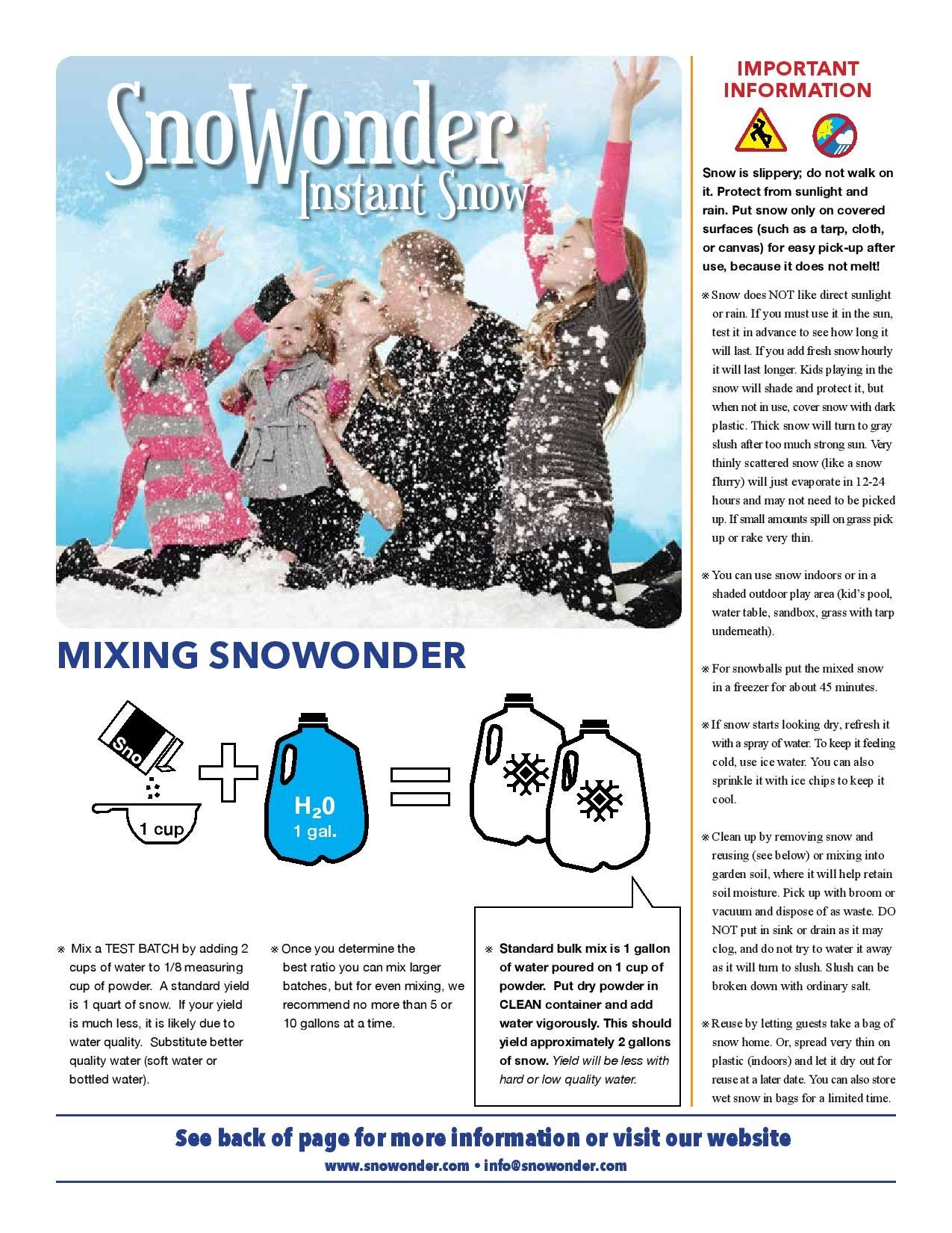 SNOWONDER Instant Snow Fake Artificial Snow, Also Great for Making Cloud Slime - Mix Makes 4 Gallons of Fake Snow