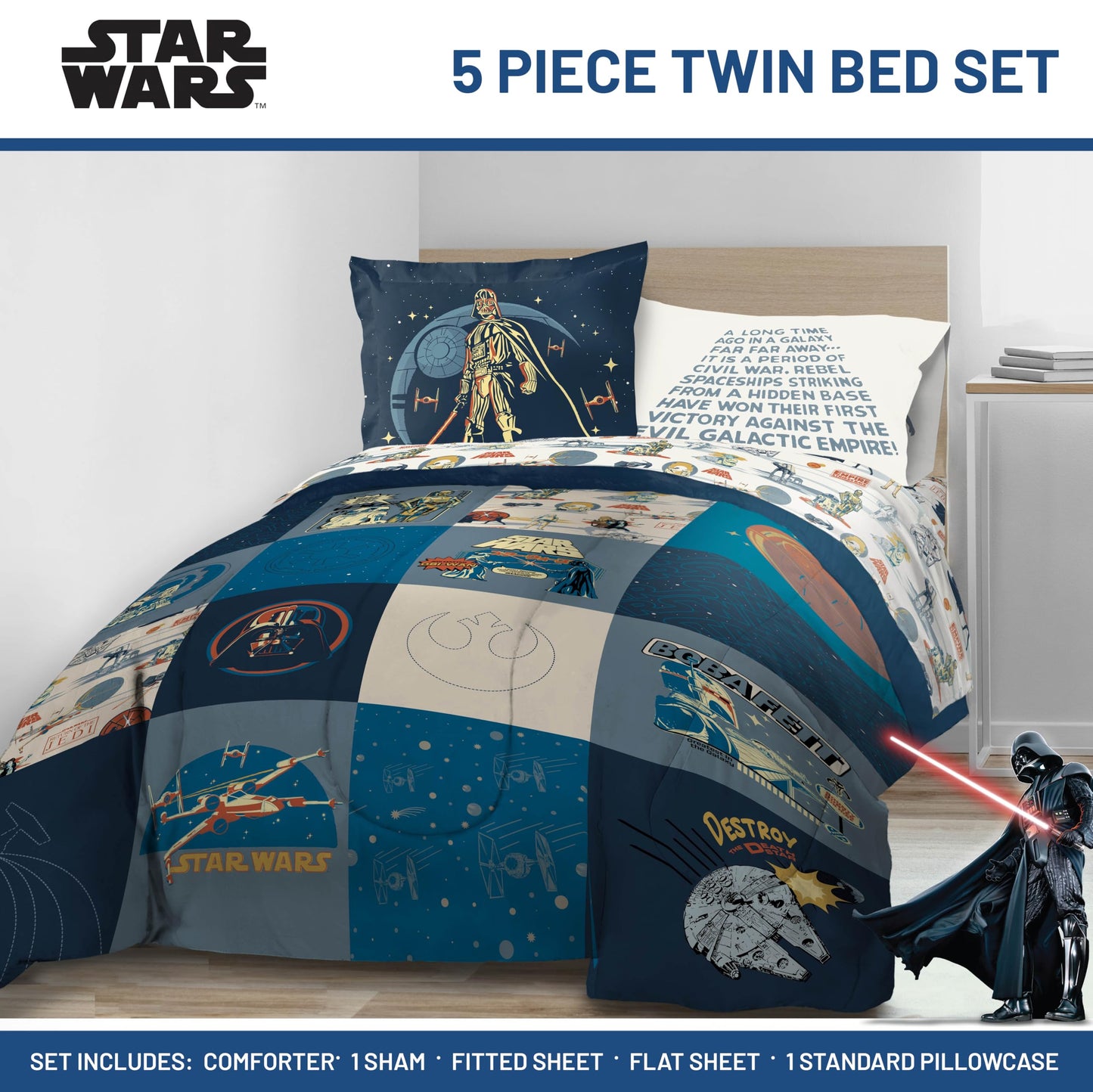 Jay Franco Kids Bed Set, Blue, Star Wars, 5 Piece Twin