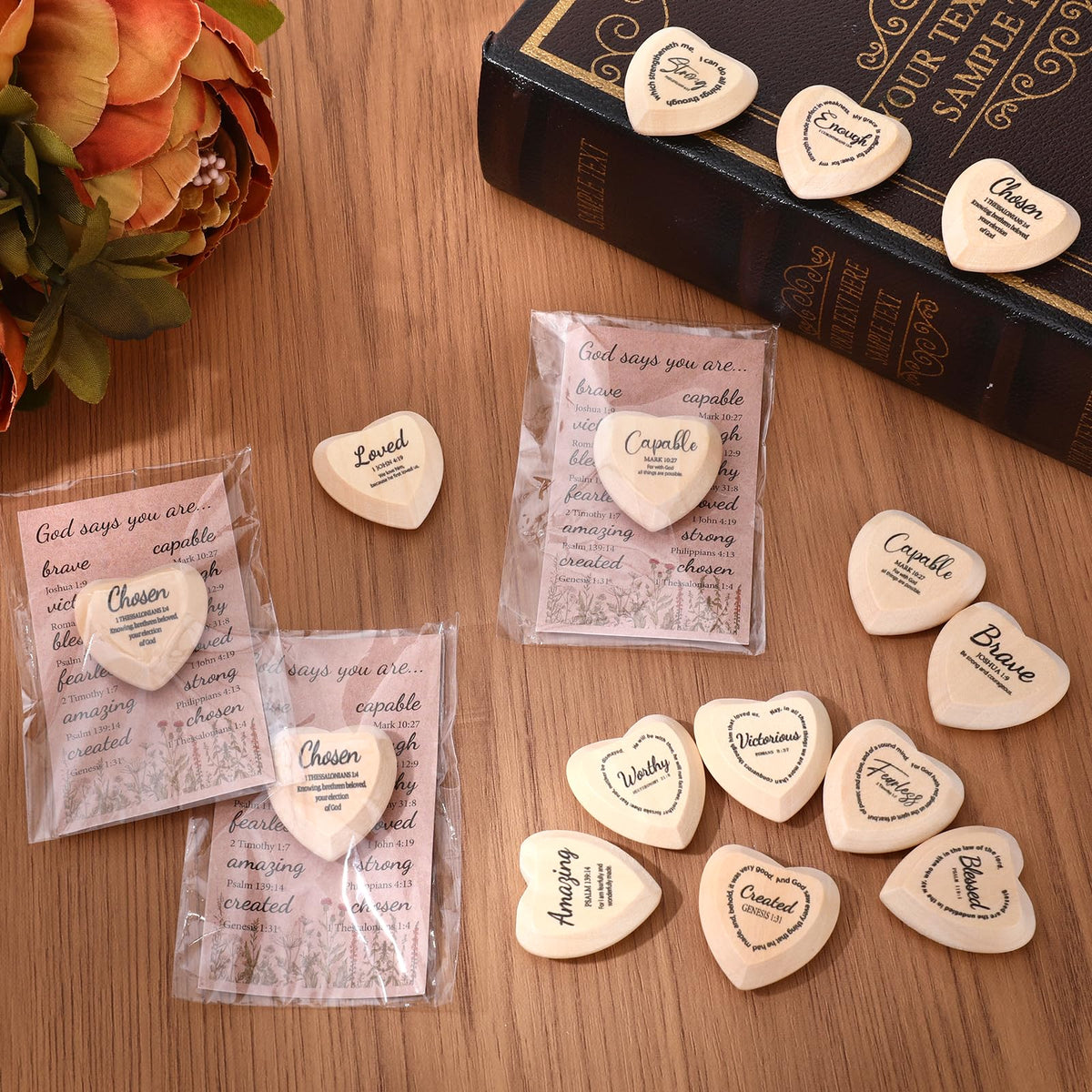 48 Set God Says You are Wood Heart Small Christian Gifts Bulk Religious Gifts Pocket Heart Token with Bible Verse Word Holy Week Affirmation Church Gift for Adults Sunday School Easter Supplies