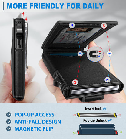 miyozi Airtag Wallet for Men Money Clip 9-Card Pop-Up Credit Card Holder with ID Window RFID Blocking Metal Case Magnetic Closure Front Pocket Wallet Gift Box