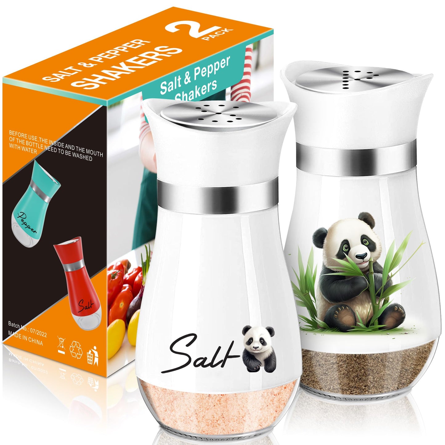 Panda Salt and Pepper Shakers Set,4 oz Glass Bottom Salt Pepper Shaker with Stainless Steel Lid Kitchen Decor and Accessories Refillable Design(Panda Eatting)