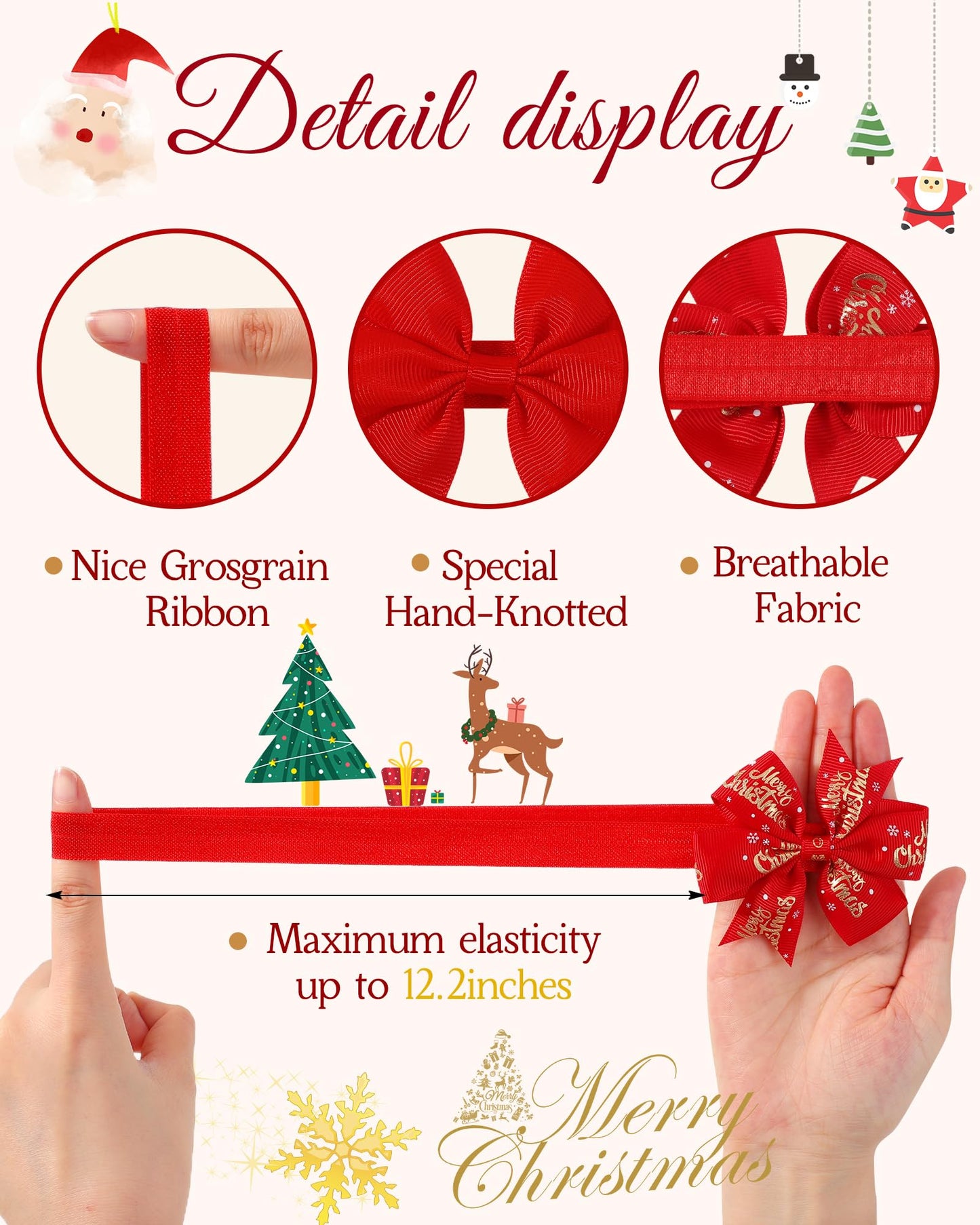 jollybows 10pcs Christmas Baby Bows Headbands Soft Stretchy Grosgrain Ribbon Hairbands with Bows Christmas Headbands Hair Accessories for Newborn Baby Girls Infant Toddlers Kids