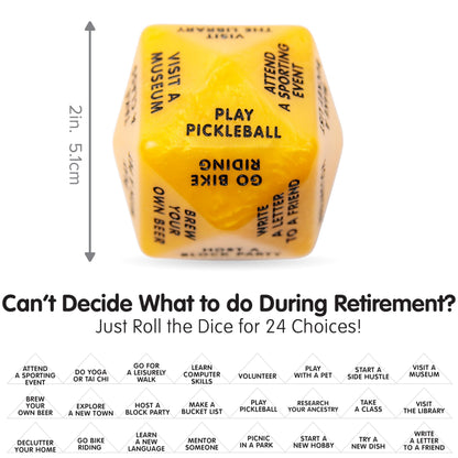 Retirement Gift Decision Dice – Funny Retirement Game for Men & Women (Yellow), Novelty Retirement Dice with Activity Ideas, Gag Gift for Coworker, Boss or Friend, Party Game for Retirees