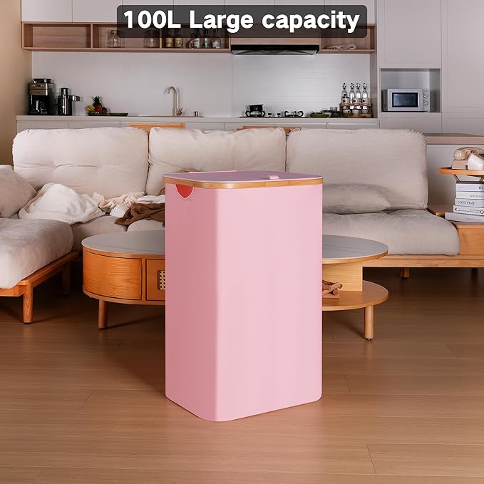 100L Laundry Hamper with Lid, Lagre Basket with Bamboo Handles, Foldable
