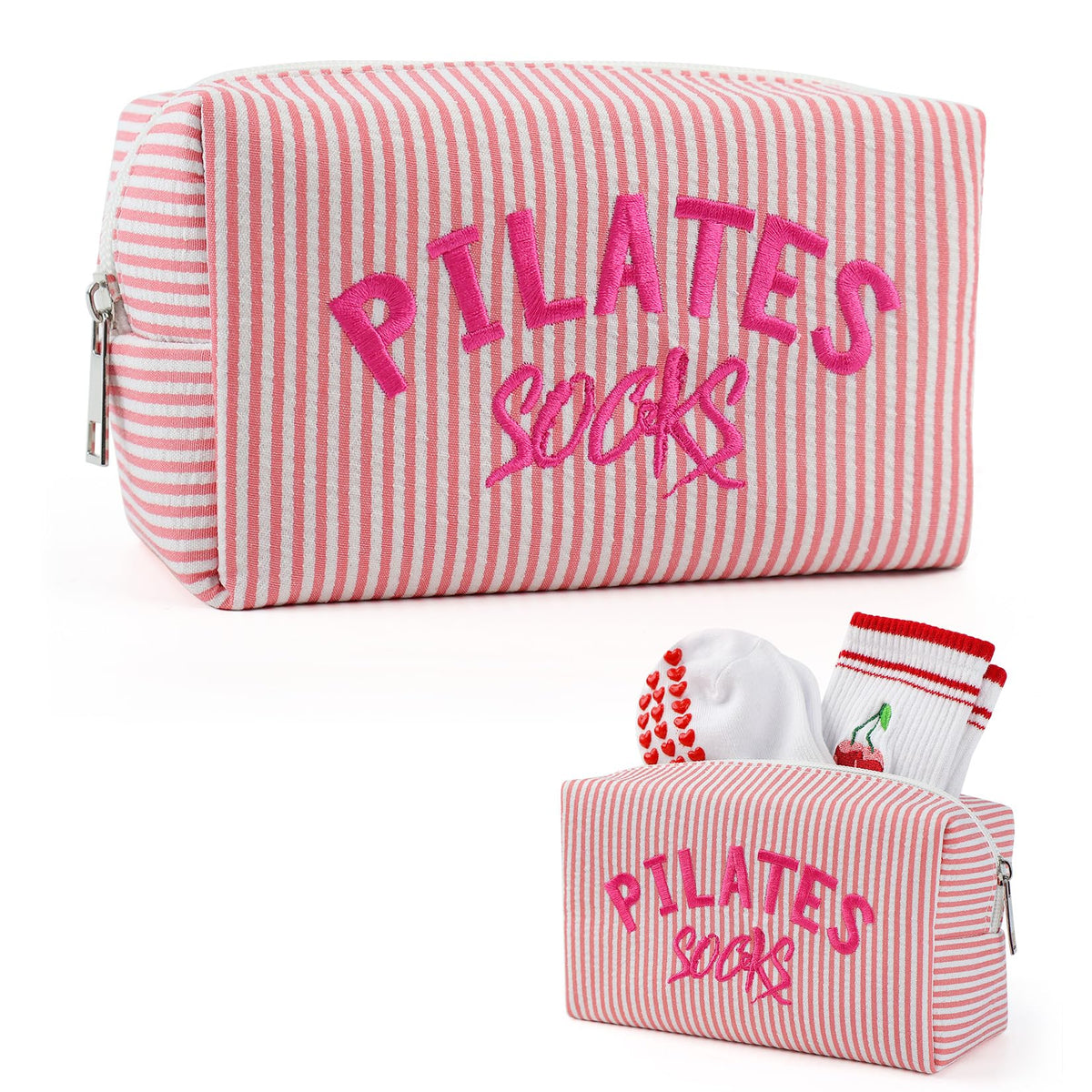 TIFFYONEK Pilates Grip Socks Bag - Embroidered Seersucker Pouch for Women - Cute Makeup Cosmetic Organizer & Gym Bag Accessory for Barre, Yoga, Reformer Studio - Pilates Princess Gifts (Pink Stripe)