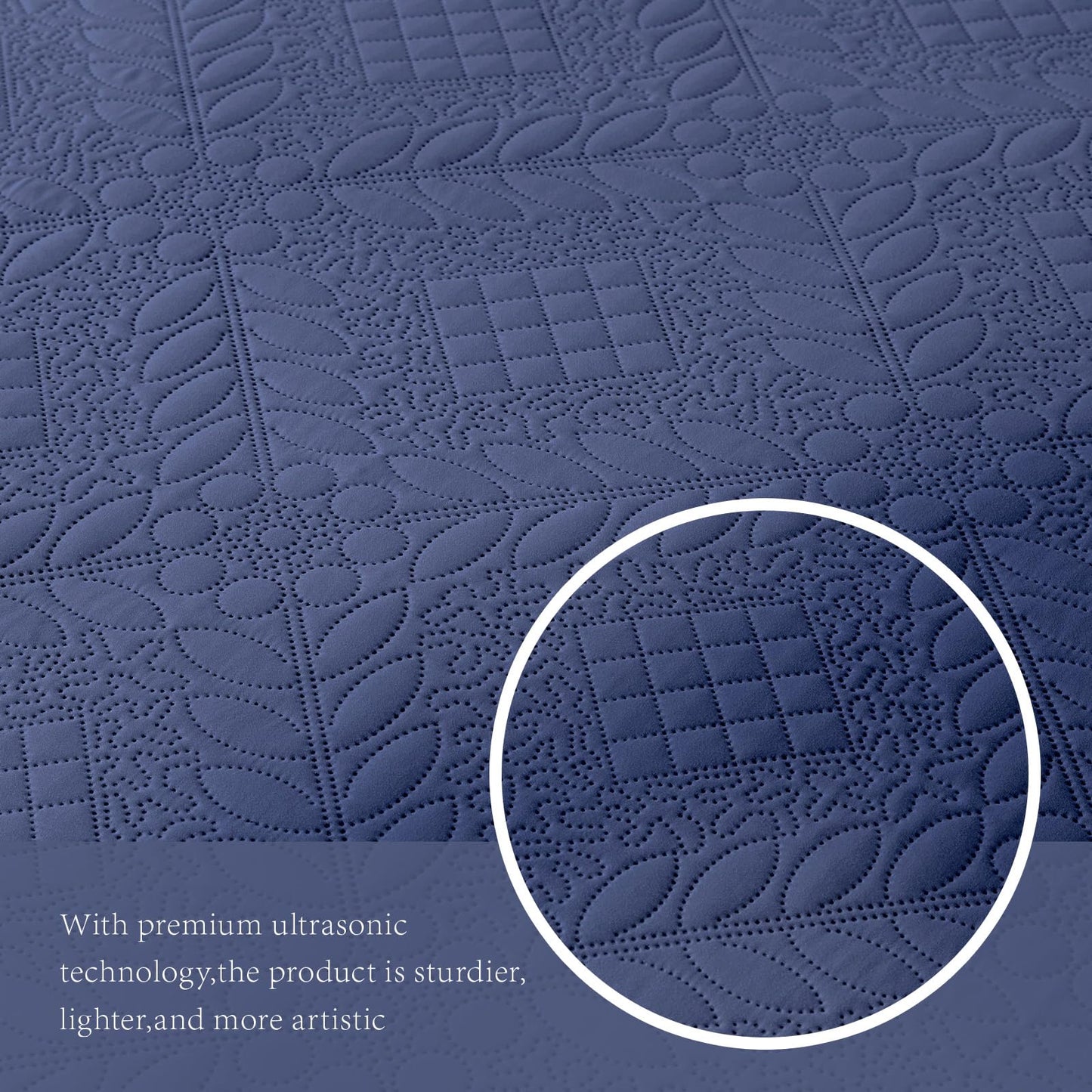 FLYMME Full Queen Quilt Bedding Set,Lightweight Navy Blue Bedspreads,Vintage Olive Leaf Design,Ultra Soft Microfiber Bed Coverlet 3 Pieces for All-Season (1 Quilt,2 Shams)