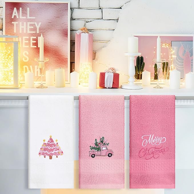 3 Pcs Pink Christmas Hand Towels