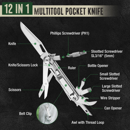 Mossy Oak 12-in-1 Multitool Pocket Knife with Pouch, Stainless Steel Multitool Knife with Clip, Survival Tools with Scissors, Bottle Opener, Wire Stripper, Glass Breaker, Screwdriver