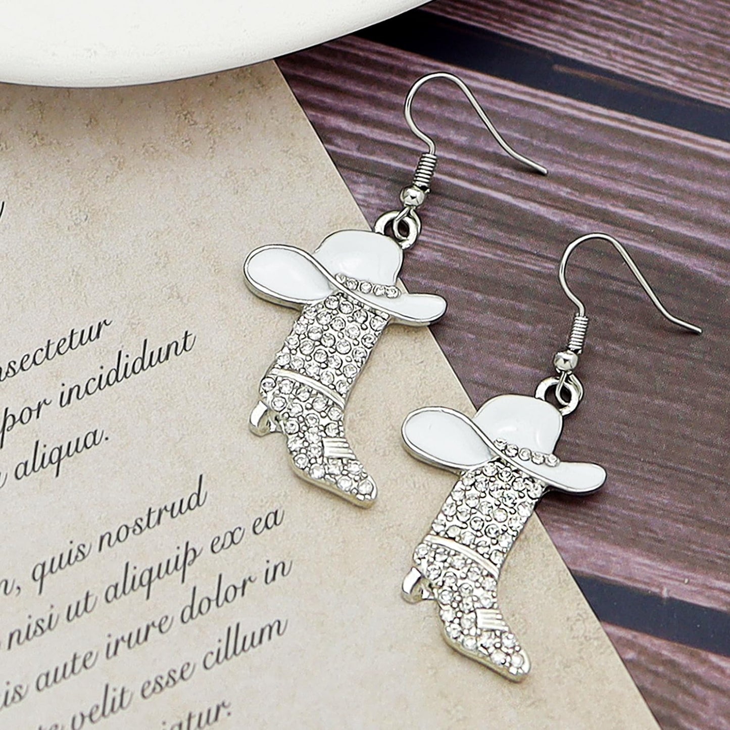 Rhinestone Western Boots Earrings Cowgirl Cowboy Enamel Hat Bohemian Rodeo Boot Drop Dangle Earrings for Women White Hat