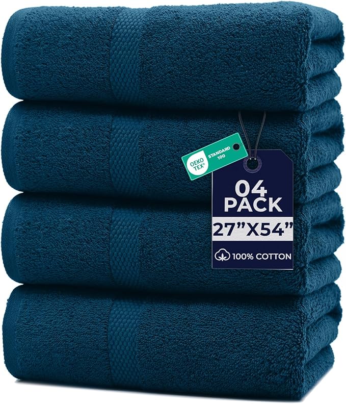 DAN RIVER Bath Towels Set of 4, 27 x 54 Inches, 100% Cotton, Larger & Lighter