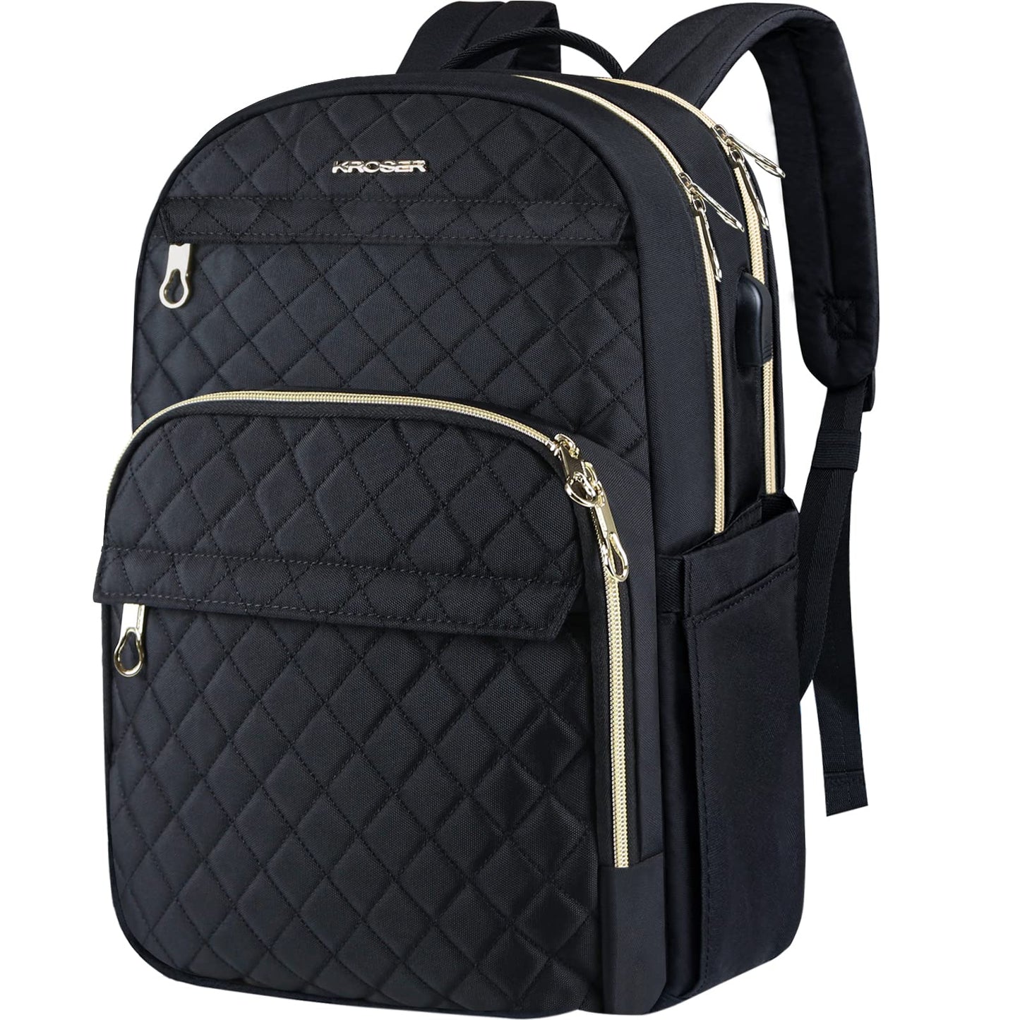 KROSER Laptop Backpack 15.6 Inch Stylish Daypack with USB Charging Port, Water-repellent Nylon School Backpack Backpack for Travel/Business/Women/Girls-Black