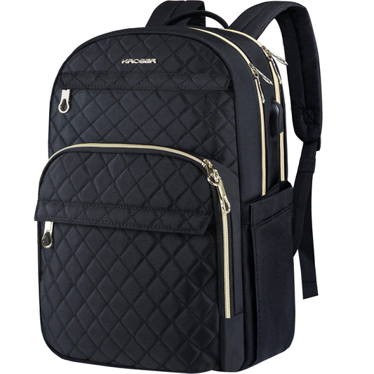 KROSER Laptop Backpack 15.6 Inch Stylish Daypack with USB Charging Port, Water-repellent Nylon School Backpack Backpack for Travel/Business/Women/Girls-Black