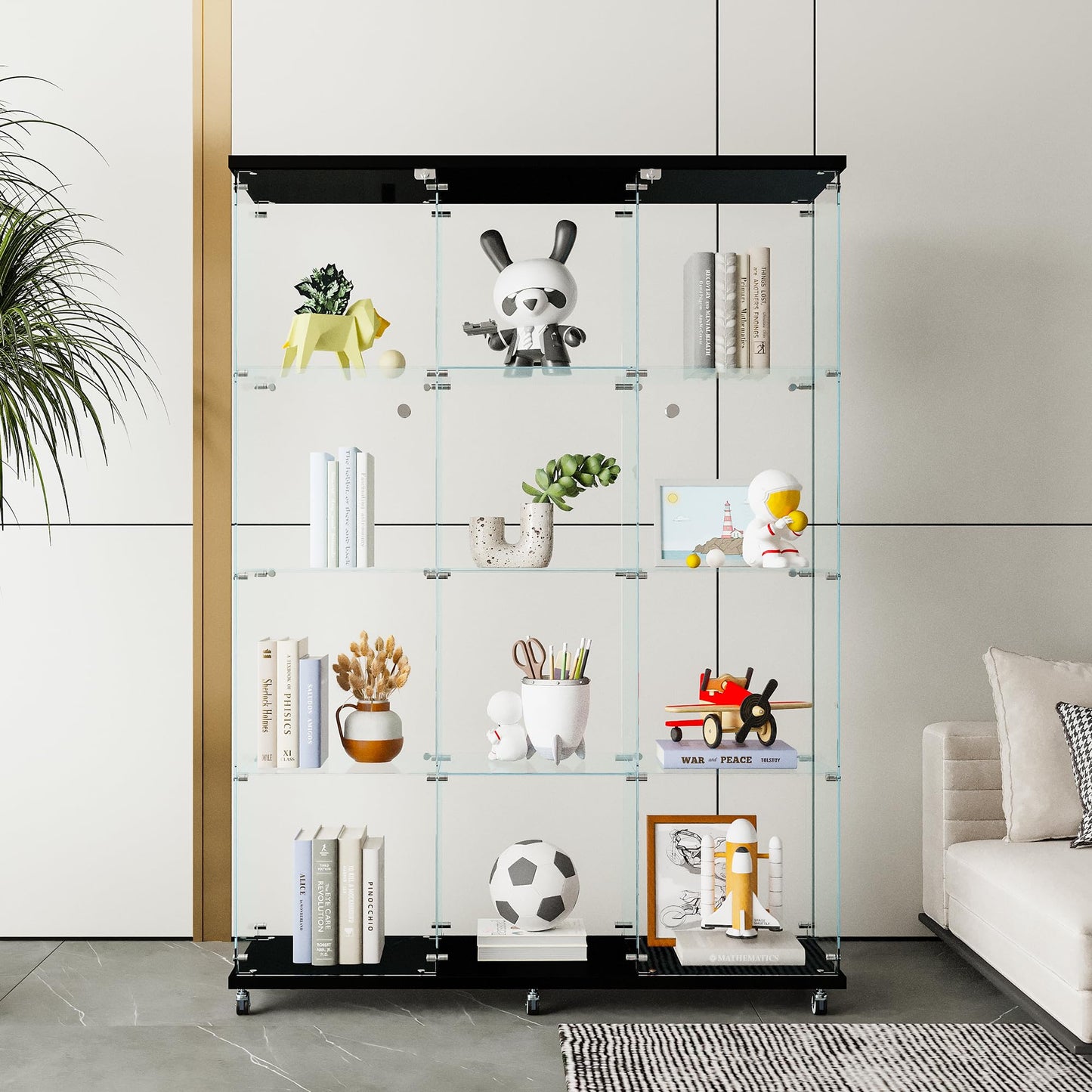 Ball & Cast Glass Display Cabinet with 4 Shelves,Trophy Showcase,Floor Standing Curio Bookshelf,for Living Room Bedroom Office,(64.7"*31.7"*14.3"),Black