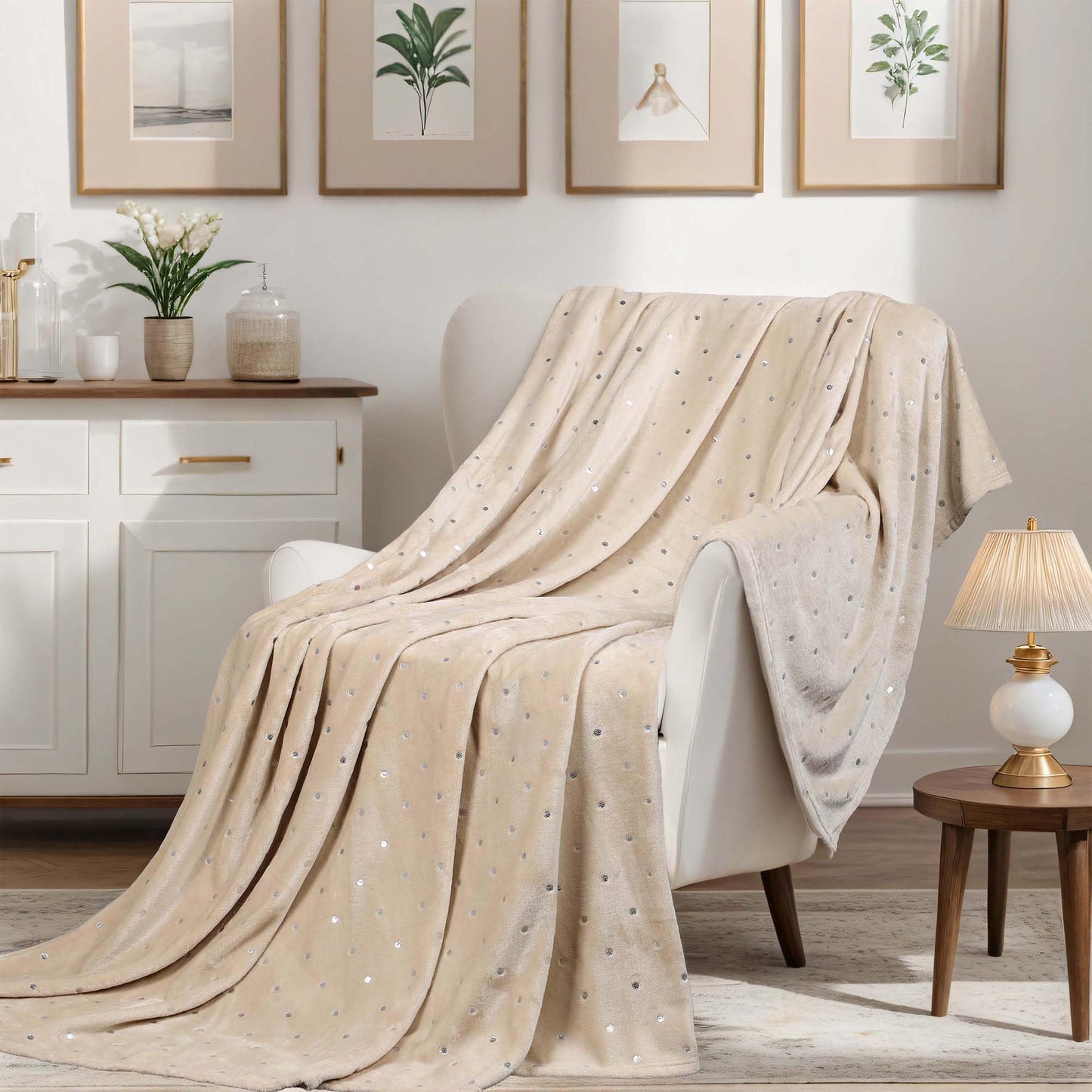 Superior Fleece Blanket, Plush, Fluffy, Soft, Decorative Blankets for Bedroom, Sofa, Fuzzy Bedding, Cute Woven Room Decor, Beautiful Cover, Comfort Essentials, Polka Dot, King, Linen