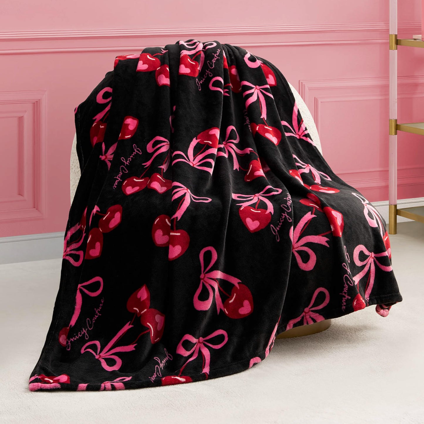 Juicy Couture Sweet Cherry Bows 50" x 70" Plush Throw Blanket, Black - Decorative Blankets for Sofas, Throws for Chairs, and Beds
