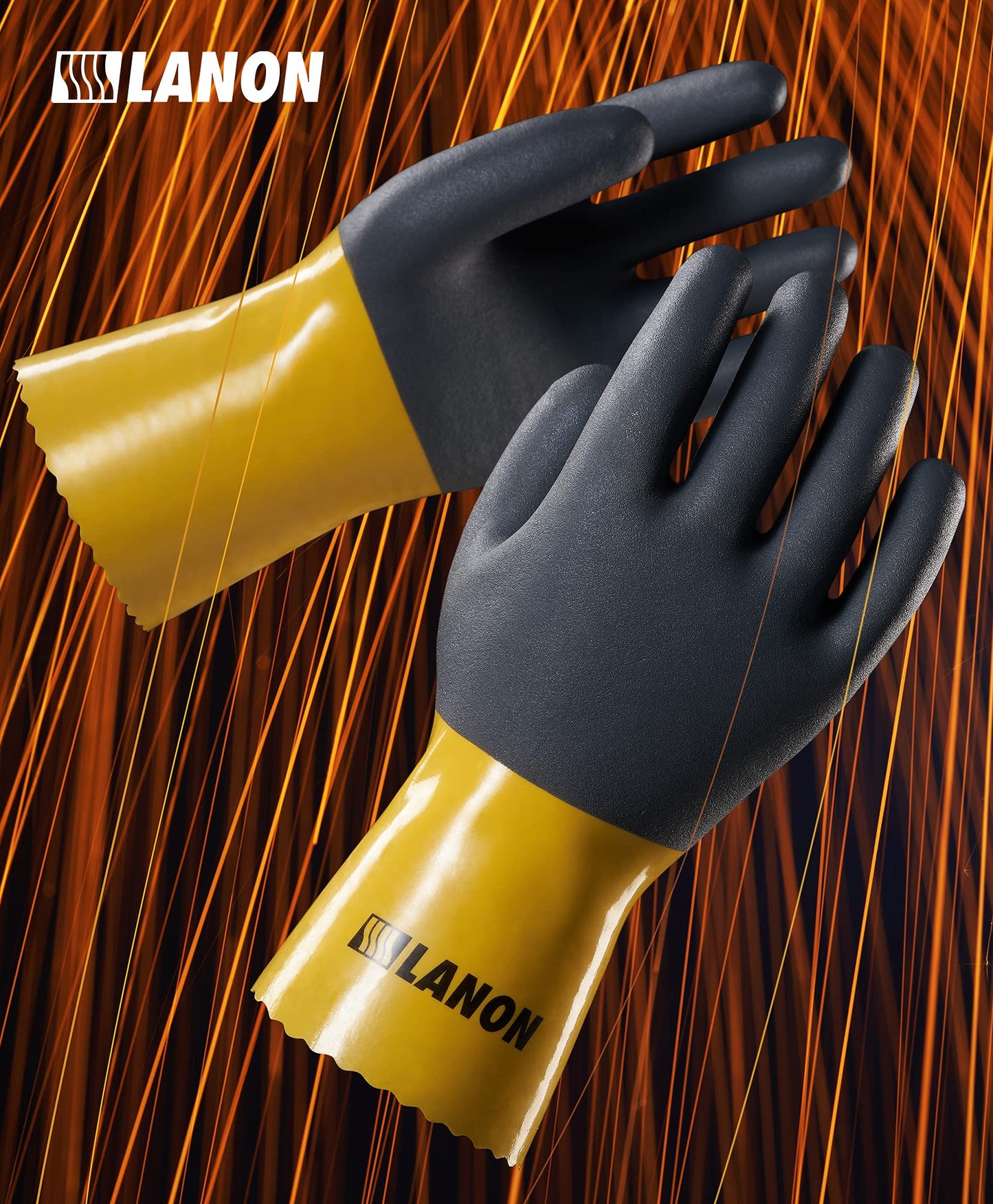 LANON PVC Chemical Resistant Gloves, Reusable Heavy-Duty Work Gloves, Acid, Alkali and Oil Protection, EN 374/388, Non-Slip, X-Large