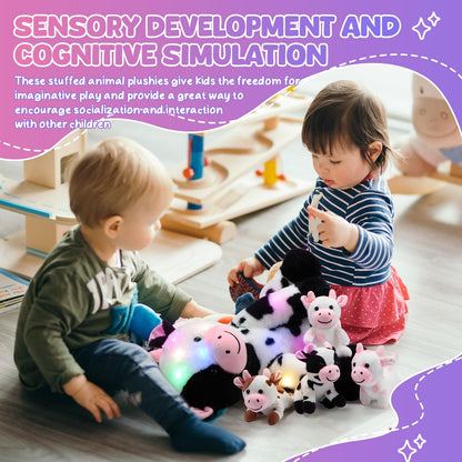 Sumind 5 Pcs Cow Stuffed Animal Set 13.78 Inch Mommy Cow Plush Toy with 4 Baby Cute Calf in Her Tummy Large Stuffed Animals with Babies Inside for Christmas Toddlers Girls(LED)