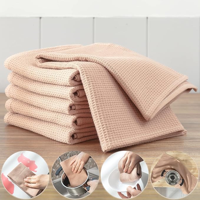 QUILTINA Dish Towels Set, 100% Cotton Waffle Weave Kitchen Towels 6 Pack