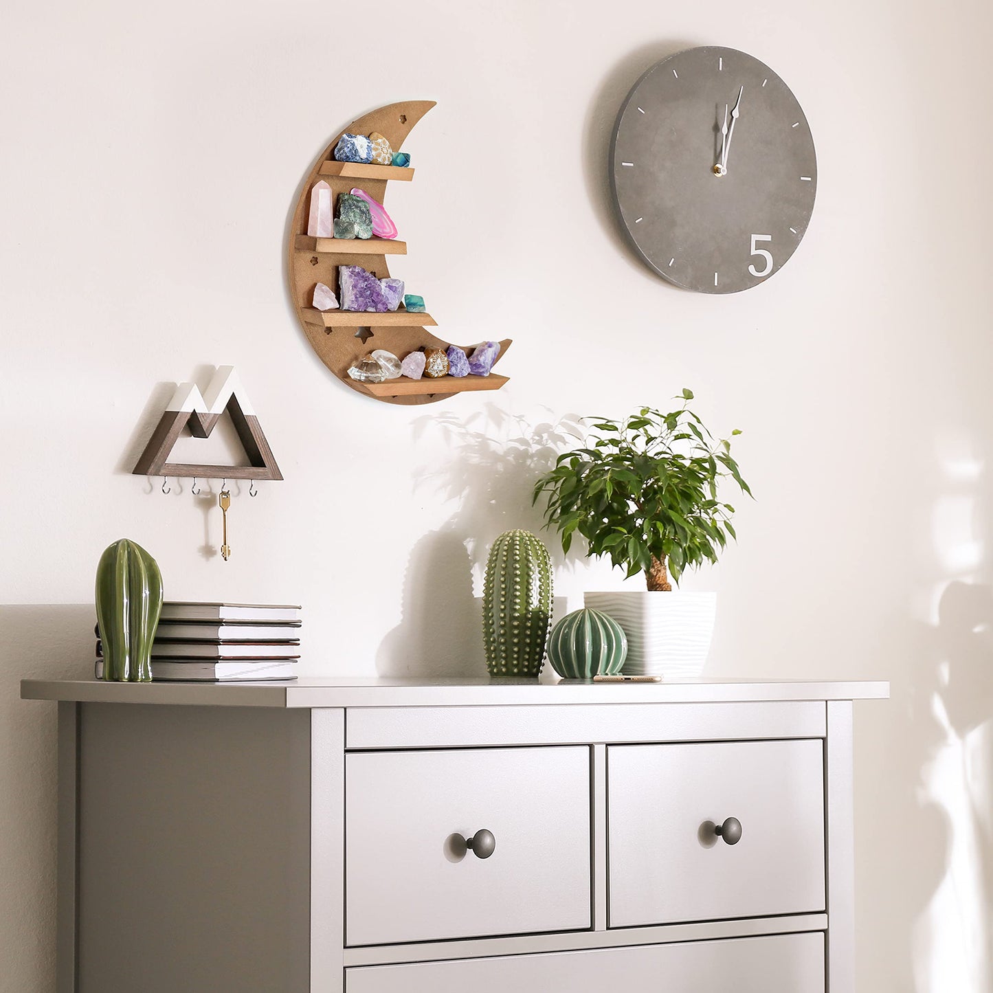 Curawood Crescent Moon Shelf with LED Lights - 15.7" Crystal Display Shelf for Wall - Crystal Holder for Stones - Moon and Stars Wall Decor - Rock Display Case, Witchy Altar Trinket Organizer