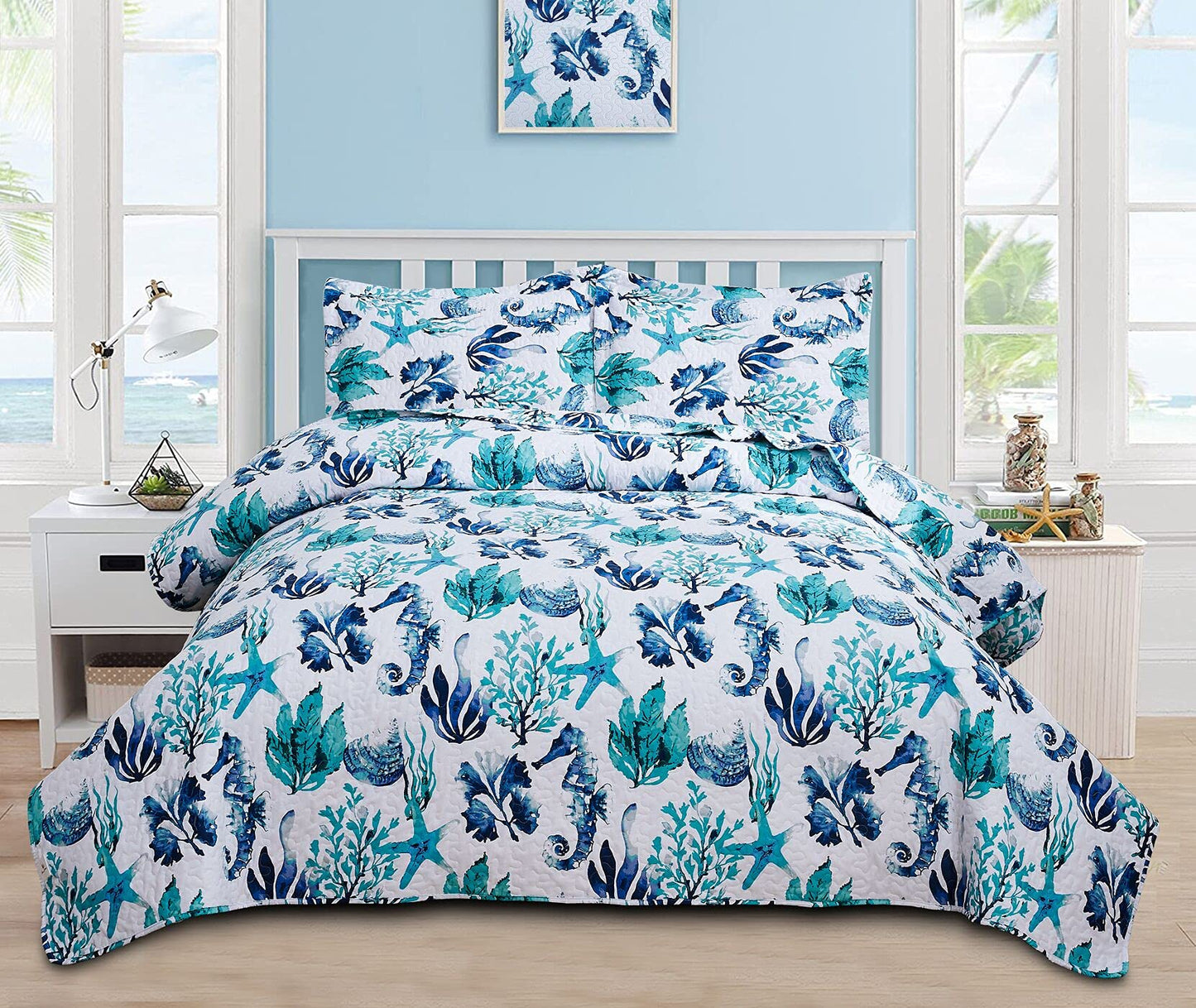 Bedspread Set King Size Quilts Beach Bedding Coastal Ocean Reversible Quilts Summer Bedspread Coverlet Soft Lightweitht Quilt Bedding Tropical Bed Set Home Collection Quilt with Shams Aqua
