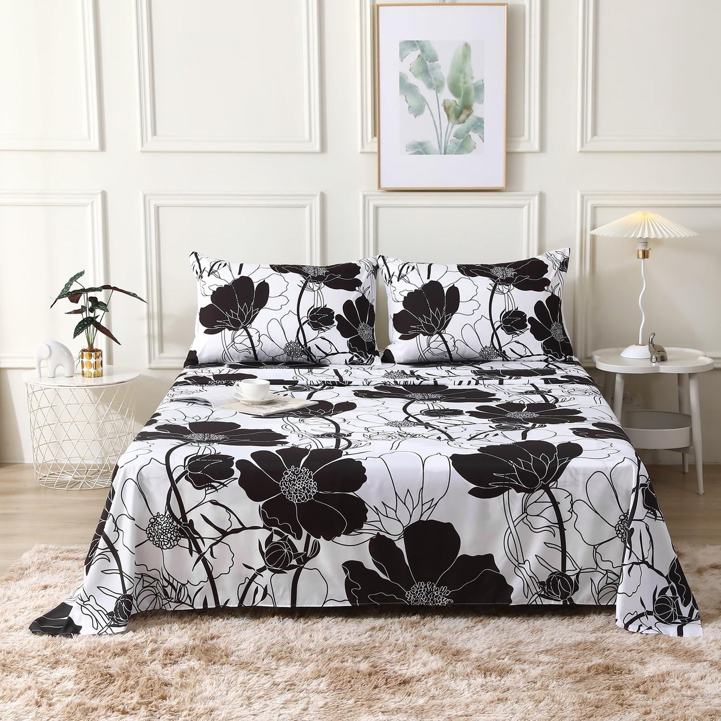 INTOMENG Black and White Floral Sheets Queen Flower Aesthetic Bed Sheets Full Soft Deep Pocket Queen Sheet Set - 1pc Flat Sheet, 1pc Fitted Sheet, 2pc Pillowcases Flowers Ultra Soft