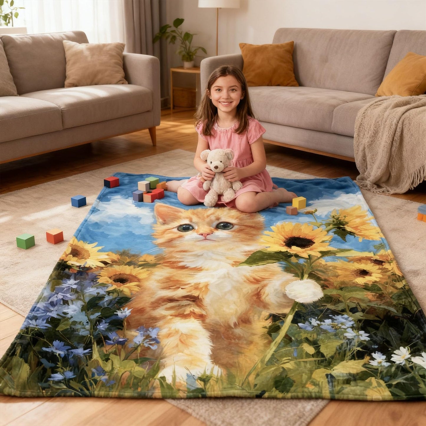 kampdream Orange Cat and Sunflower Flannel Blanket Throw, Super Soft Cozy Nap Blanket with Fun Animal Pattern for Sofa Travel and Camping, for All Seasons 50"x60" inch Yellow Blue Kitty