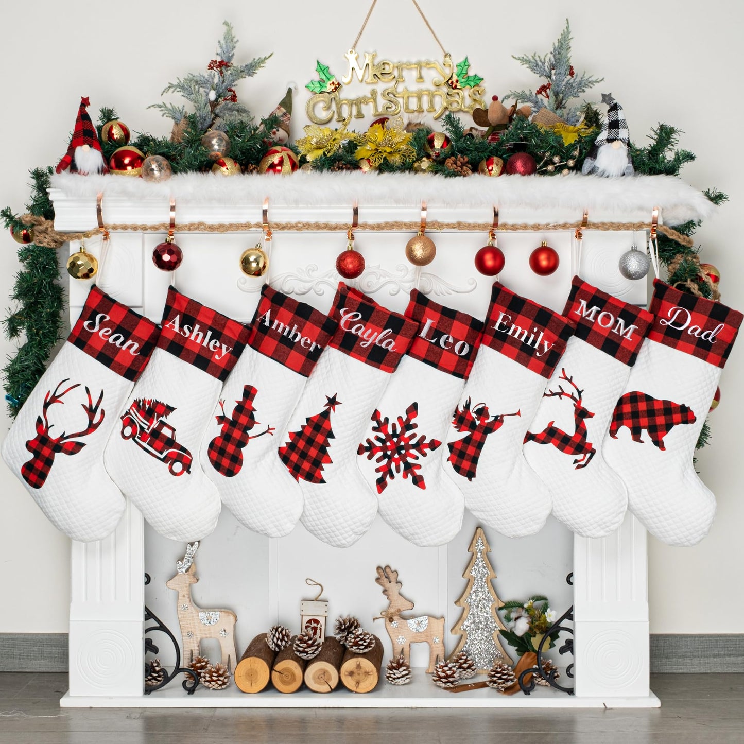 LUBOT Pack Personalized Christmas Stocking(20inch) Silhouette Buffalo Red Plaid/Rustic/Farmhouse/Country Fireplace Hanging Xmas Stockings Decorations for Family Holiday Season