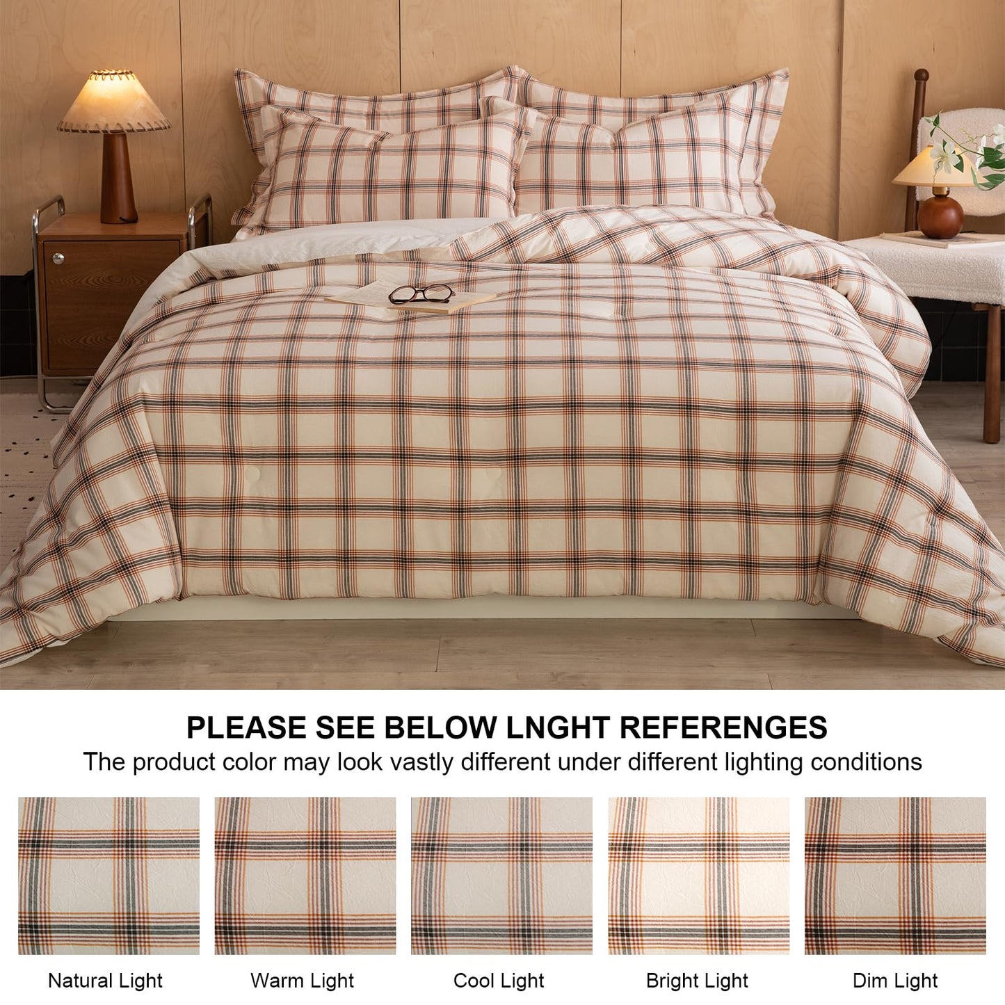LLanCL Cotton Plaid Comforter Set Queen Size,100% Cotton Cover with Polyester Fill,Ultra Soft,Breathable,Lightweight Bedding for All Seasons,1 Comforter 90"x90" & 2 Pillow Shams 20"x26"(Beige)