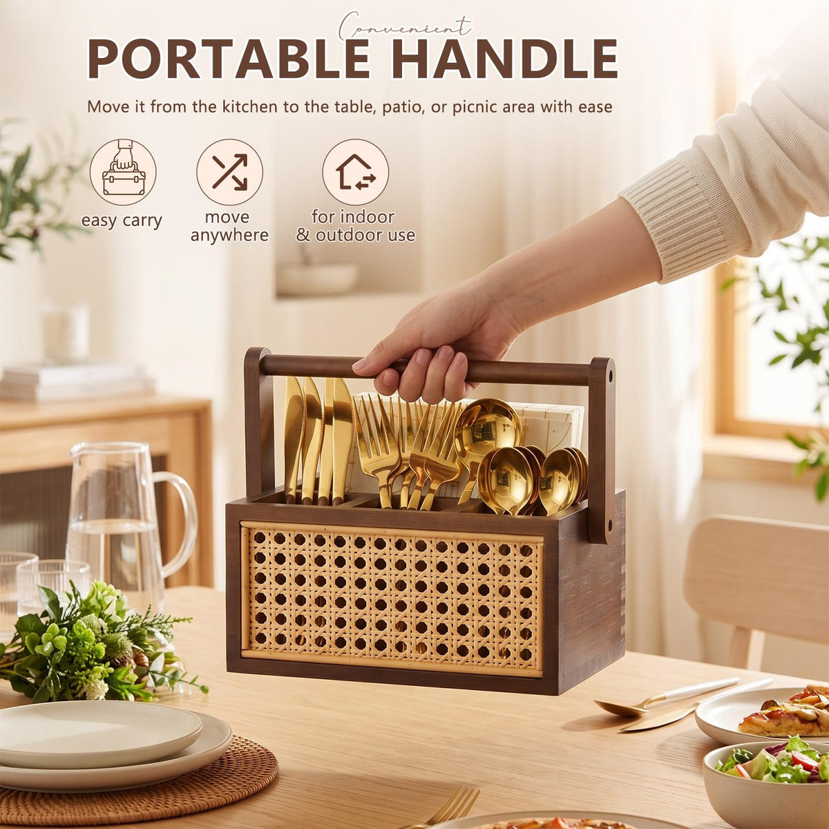 Mifoci Wooden Silverware Caddy with Handle, Wicker Utensil Holder Countertop Cutlery Caddy for Spoons Forks Knives Napkins Plates, Multi Purpose Organizer for Kitchen Office Bathroom Bedroom