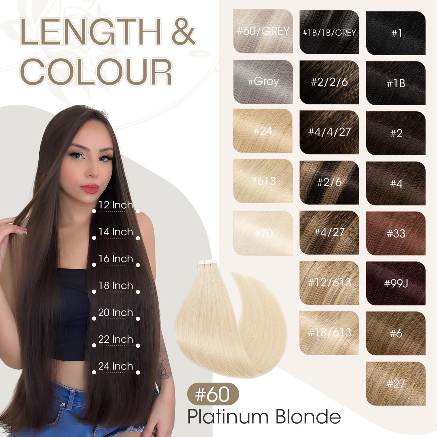 Elailite Tape in Hair Extensions Human Hair 40 pcs 100g Full Head - Seamless Invisible Skin Weft Real Remy Hair Straight (#60 Platinum Blonde, 16 Inch)