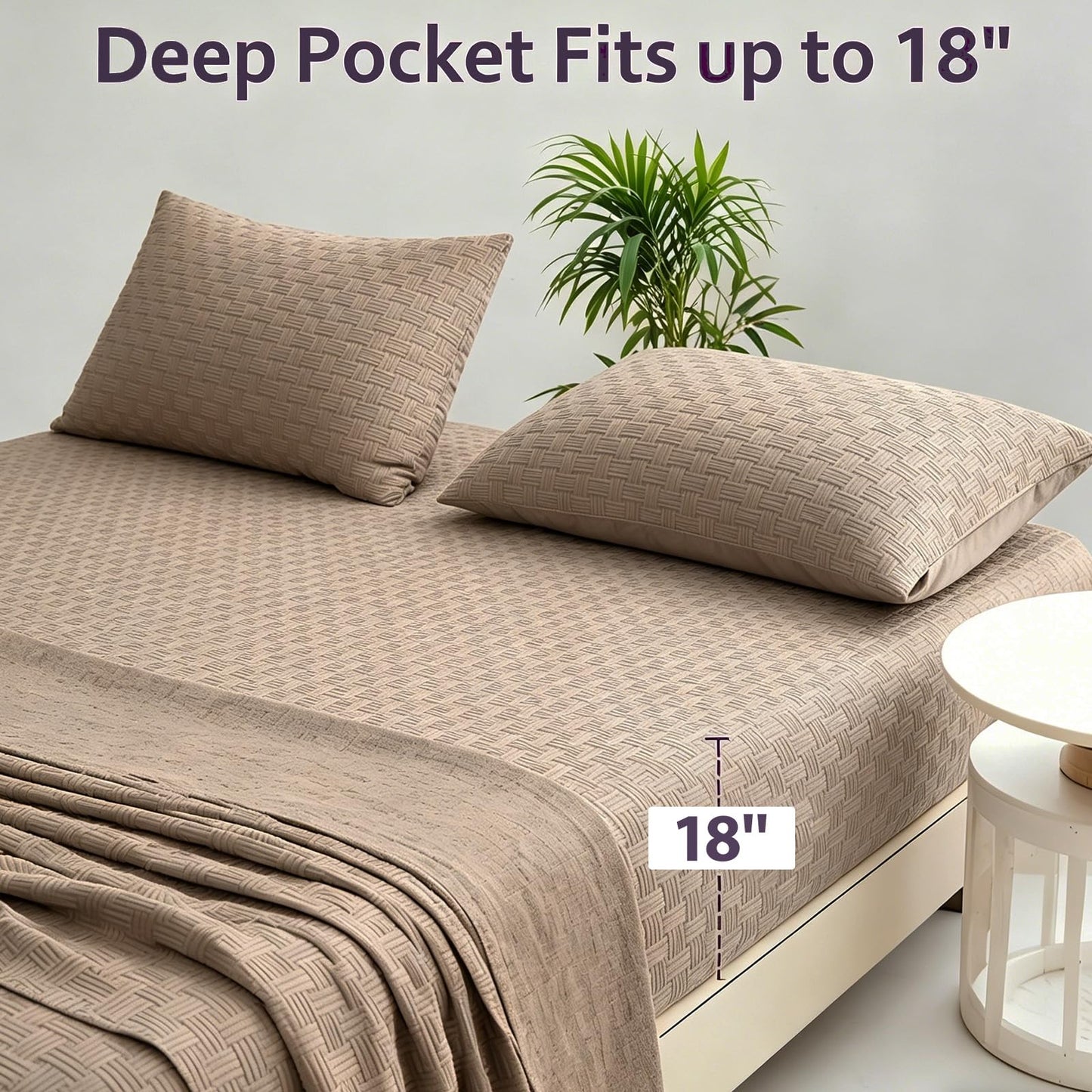 Seavelson Woven Grid Soft King Size Sheet Set - Comfortable & Breathable 4 Piece Bed Sheets with 1 Fitted Sheet,1 Flat Sheet & 2 Pillowcases - Deep Pocket Up to 18 Inches (Camel)