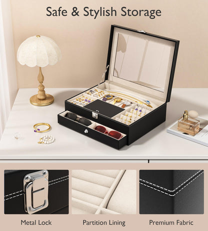 NEWLOOP Jewelry Sunglasses Organizer for Women – 2 Layer Storage Box with 10 Eyeglass Slots 3 Watch Holders Necklace and Earring Compartments Velvet Lined Jewelry Box Eyeglass Box Watch Box Display