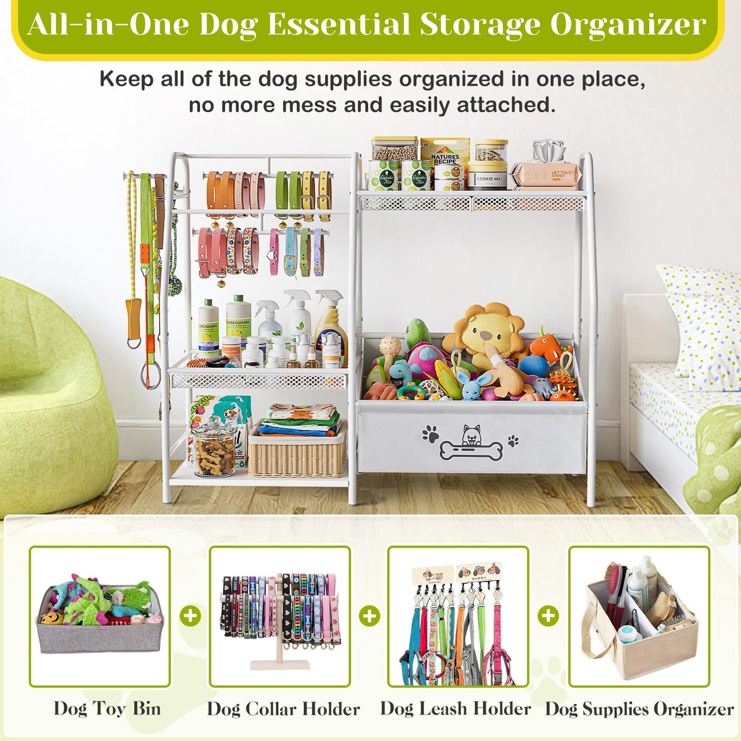 Large Dog Toy Basket with Dog Storage Organizer, Trapezoid Dogs Toy Bin Box with Collar Leash Holder Hook, Toy Holder Chest Pet Storage Cabinet for Living Room, Dogs Essentials for Pet Lovers Gift