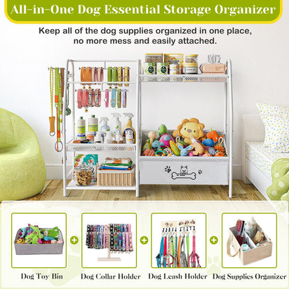 Large Dog Toy Basket with Dog Storage Organizer, Trapezoid Dogs Toy Bin Box with Collar Leash Holder Hook, Toy Holder Chest Pet Storage Cabinet for Living Room, Dogs Essentials for Pet Lovers Gift