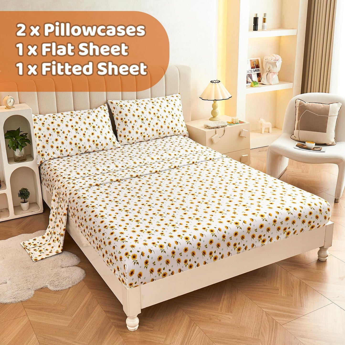 Softan Floral Sheet Set Full, Sunflower Printed Bed Sheets Double, Brushed Microfiber Fitted Sheet with 15" Deep Pocket & Non-Slip Straps, Yellow Flower Pattern Sheet & Pillowcase Sets