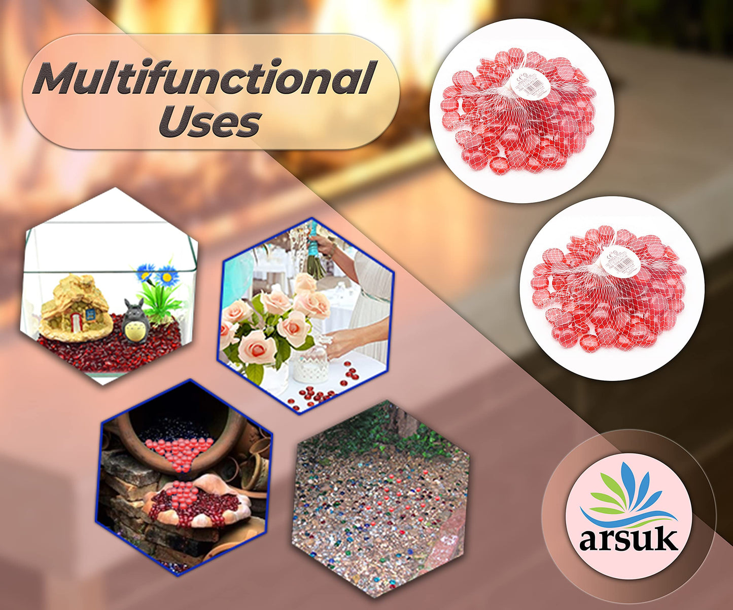 ARSUK 2LB Red Glass Pebbles for Vase Fillers, Aquarium Gravel, Decorative Stones for Crafts, Fish Tanks, Plant Pots, Wedding, Garden, Home Decor – Flat Glass Marbles (Red, 2LB)