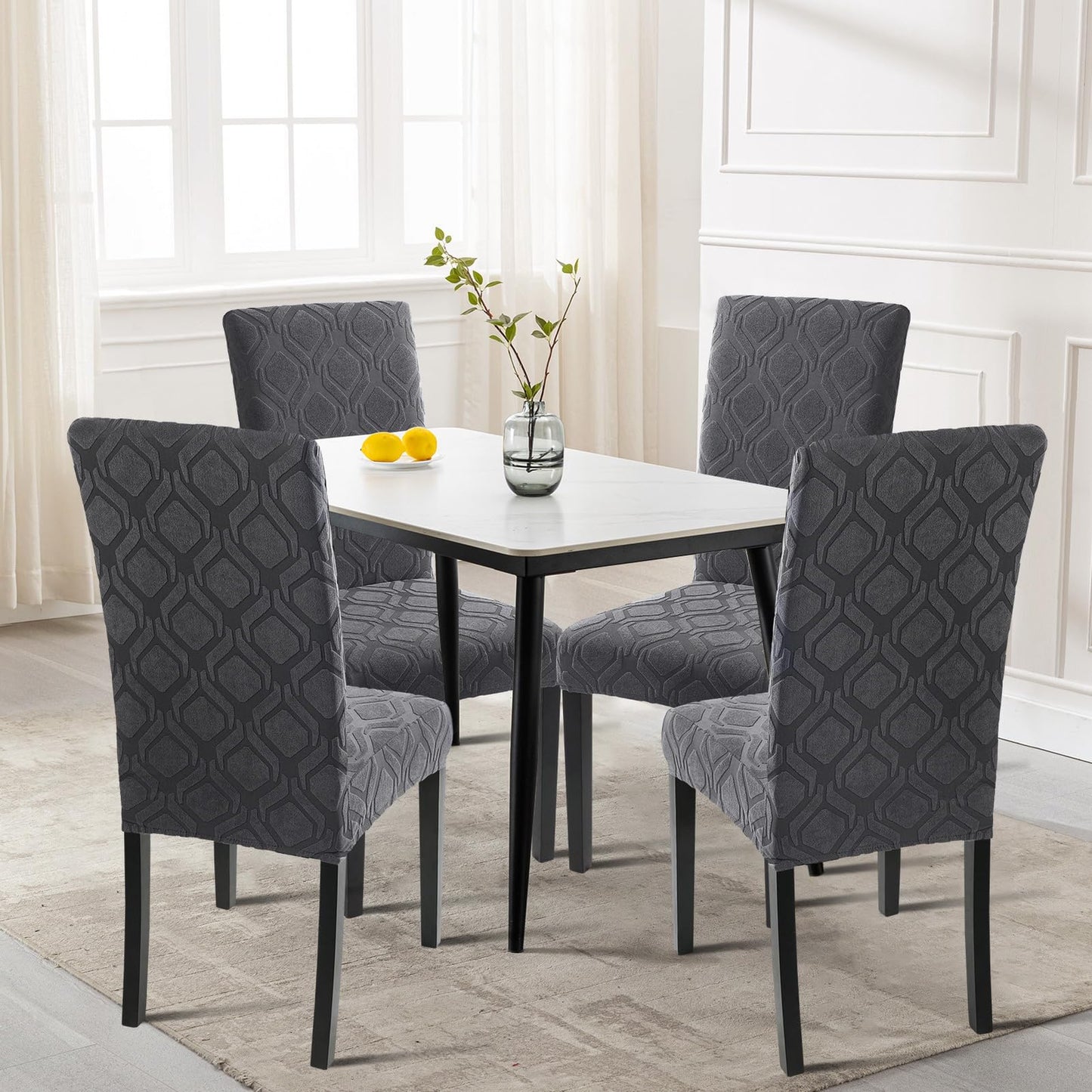 SearchI Dining Room Chair Covers Set of 4, Stretch Jacquard Parsons Chair Slipcovers Spandex Removable Washable Kitchen Chair Protector Cover for Dining Room, Hotel, Ceremony (Grey)