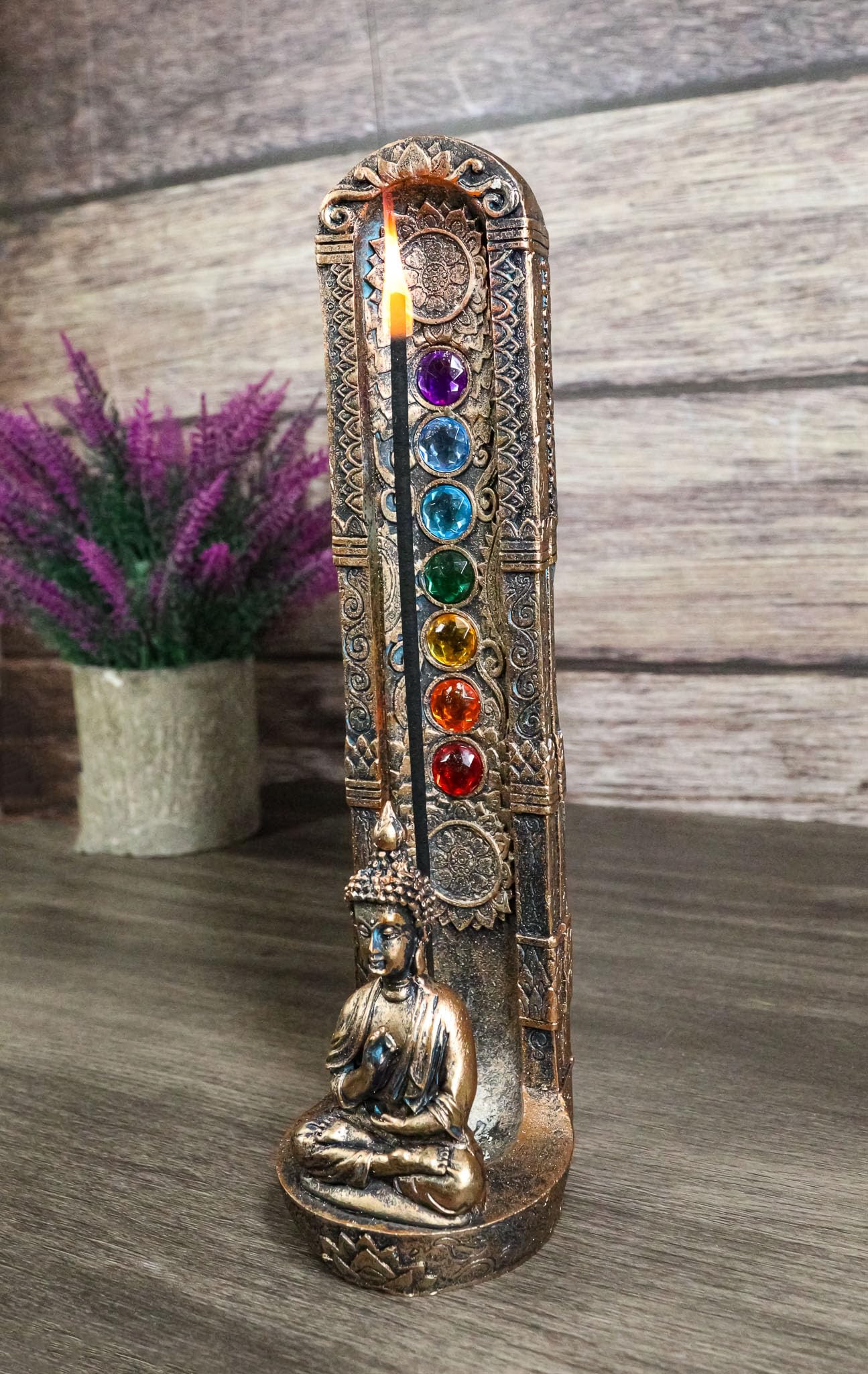 Ebros Gift Ohm Meditating Buddha Gautama with Mandala and Rainbow 7 Chakra Zone Colors Gems Pillar Incense Stick Burner Figurine Feng Shui Zen Yoga Eastern Enlightenment Accent