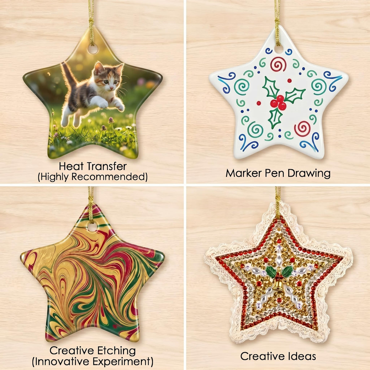 WILLBOND 10 Pcs Sublimation Blank Ceramic Ornament, 3 Inch White Ceramic Ornament Blanks with Gold String, Heat Press Transfer Supplies for DIY Craft Personalized Hanging Decoration(Five Pointed Star)