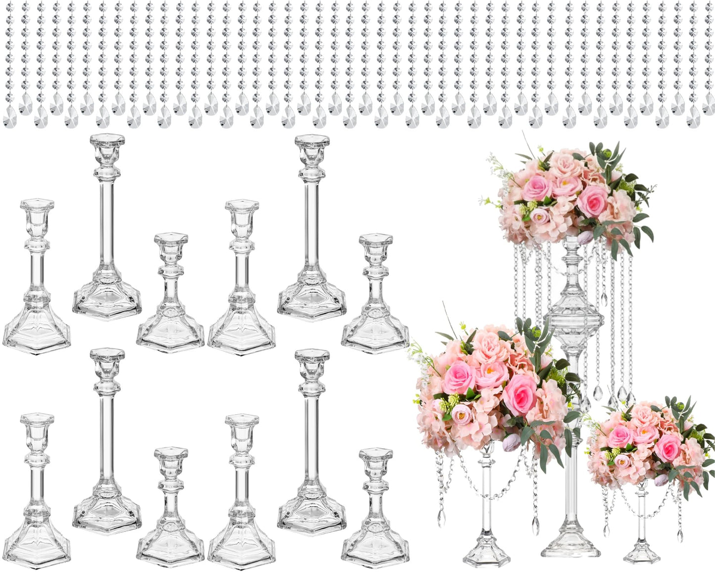 Ninehaoou 12 Set Wedding Centerpieces for Tables 12 Glass Flower Stands for Wedding 12 Acrylic Crystal Strings 72 Acrylic Crystal Ornament Beads for Party Christmas Party Tabletop Decoration