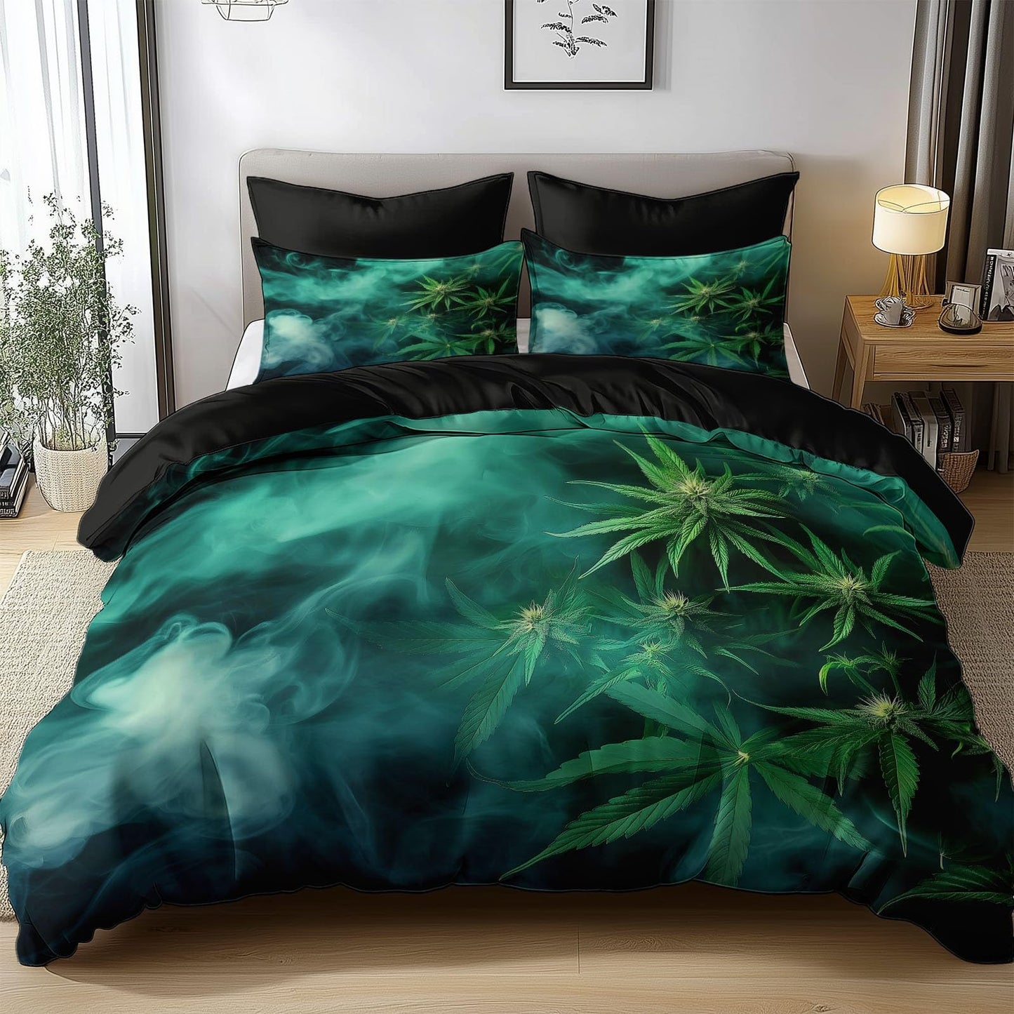 Duvet Cover Twin Size, Reversible King Duvet Cover Set with Pillowcases Zipper Closure, Plant Marijuana Leaf Texture Microfiber Bedding Set with 4 Ties, Black