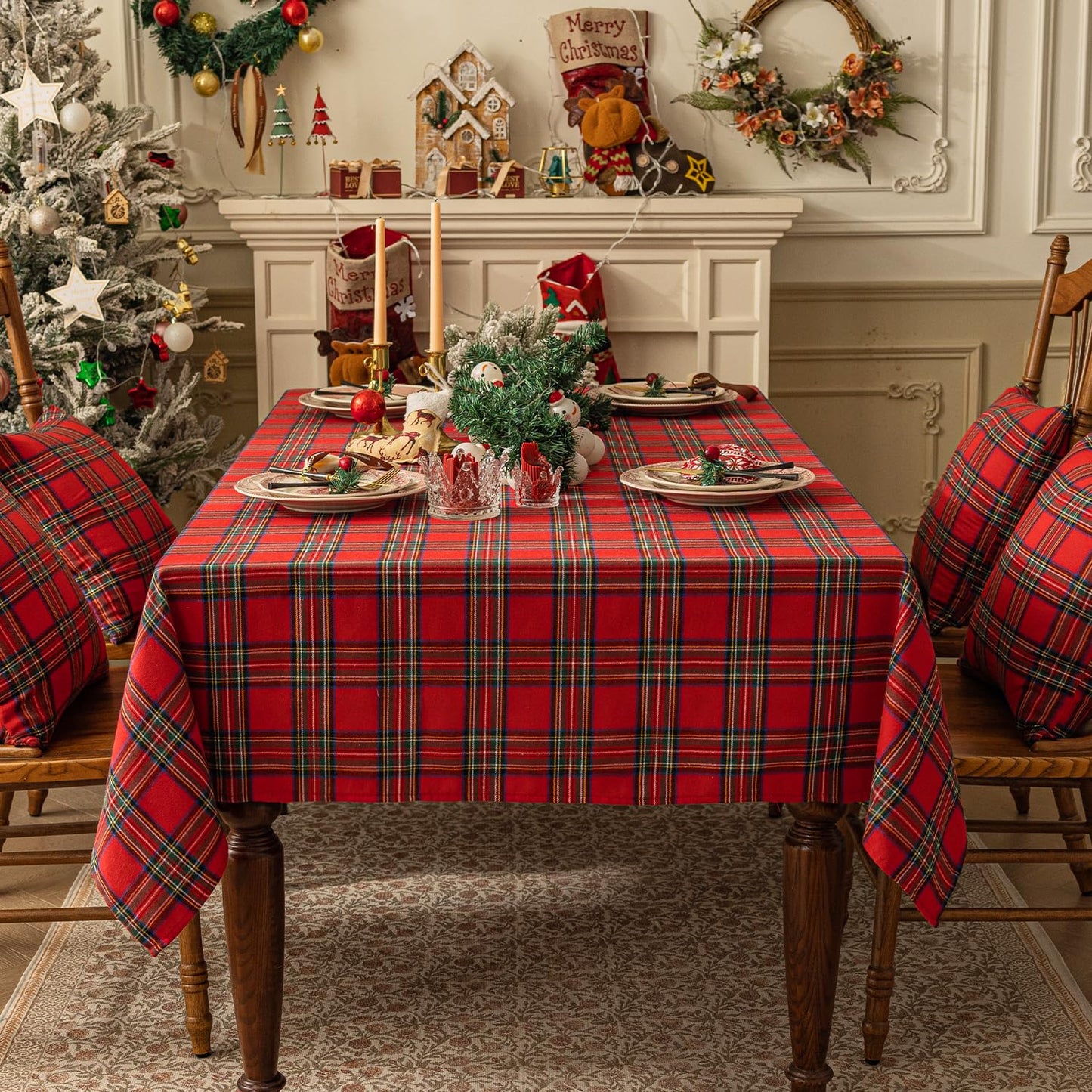 Softalker Christmas Checkered Tablecloth Rectangle - Red Buffalo Plaid Linen Cotton Gingham Xmas Table Cloths, Winter Farmhouse Table Decorations for Dining/Parties/Holiday, 54 x 80 Inch