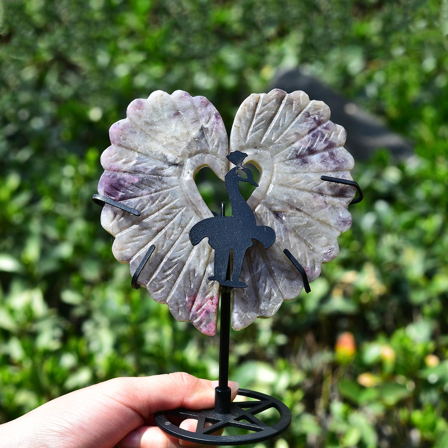 JIC Gem Extra Large Plum Blossom Tourmaline Heart Crystals Stones Healing Crystal Heart Stones Ornament Carved Angel Wing with Display Stand Home Decor Reiki Healing（1 Pair,15-16cm