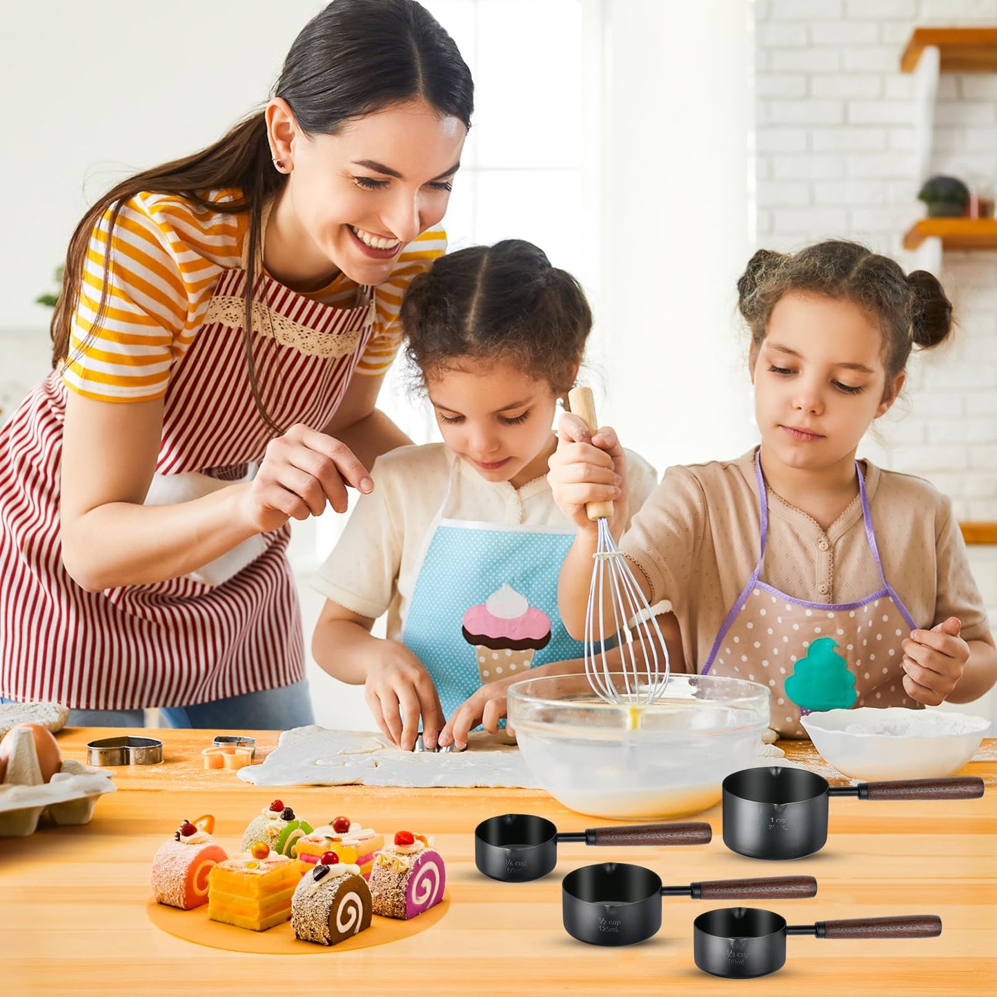 Milkary 4Pcs Measuring Cups with Wooden Handle, Black Stainless Steel Measuring Cups Scoops Set, Dog Food Scoop for Kitchen Flour Spice Seasoning Measurement Cooking (1, 1/2, 1/3, 1/4 Cup)
