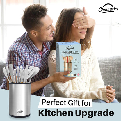 CHAMARKS 3-in-1 Kitchen Utensil Holder for Countertop with Knife Block and Silverware Caddy. (Silver)